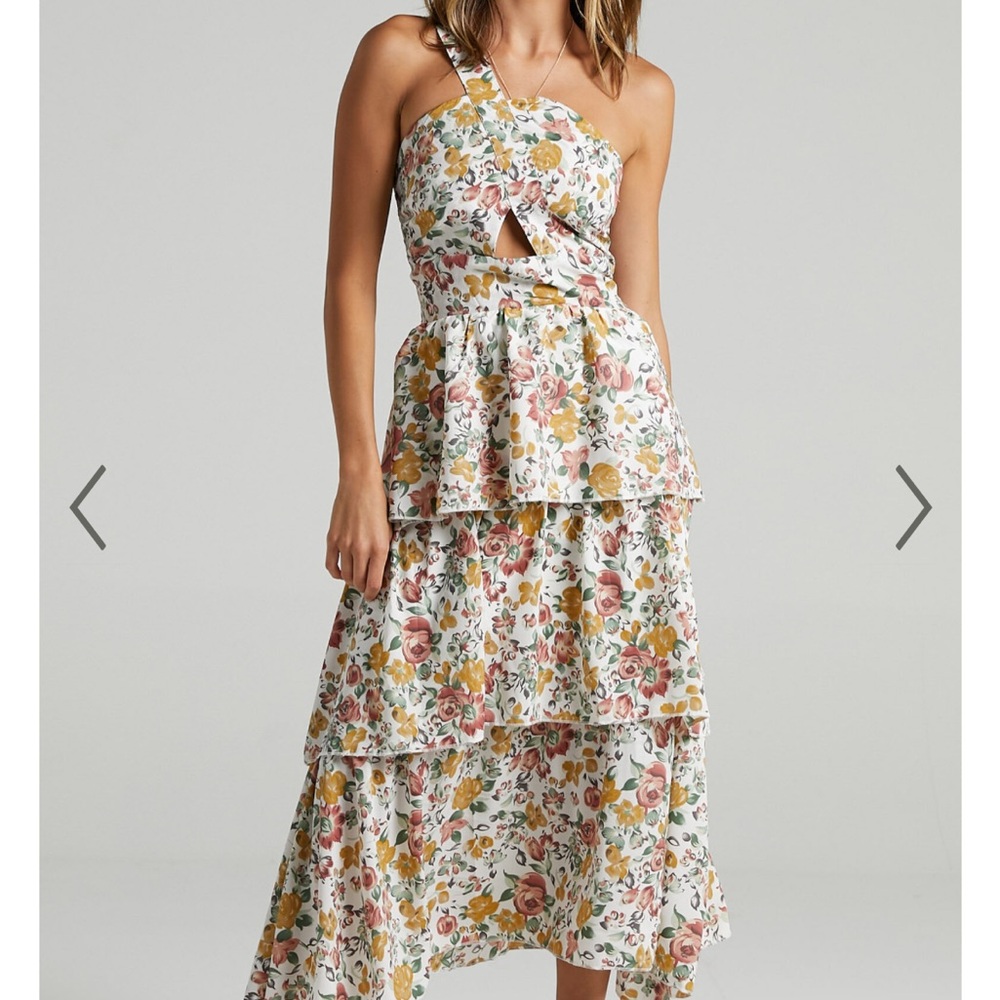 NWT one shoulder tiered ruffle floral midi dress